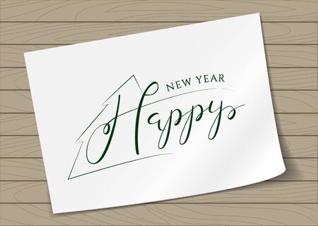 Happy New Year Hand Drawn Lettering on A4 White Paper and Wooden Background.のイラスト素材