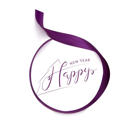 Happy New Year on White Background Hand Drawn Lettering in Ribbon.のイラスト素材