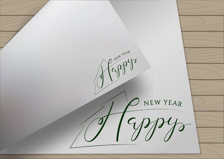 Happy New Year Hand Drawn Lettering on Bent A4 White Paper and Wooden Background.の写真素材