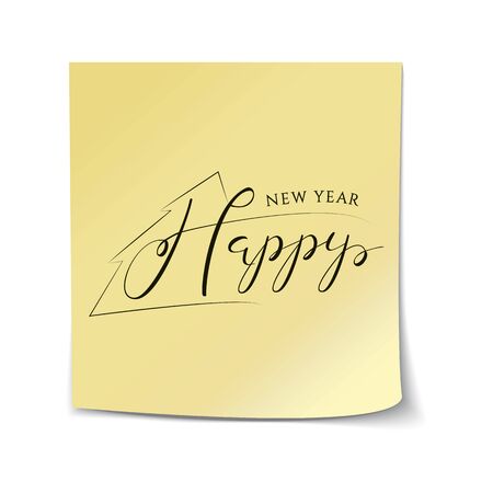Happy New Year Hand Drawn Lettering on Yellow Sticker Template.のイラスト素材