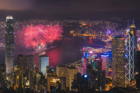 Aerial view hongkong with firework