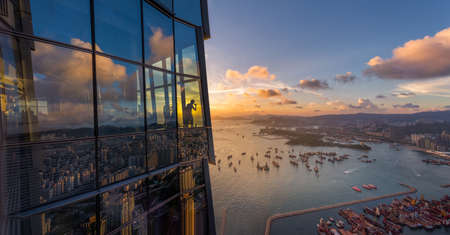 Aerial view hongkong with sunsetの写真素材