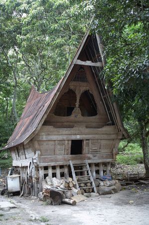 Traditional Batak style house at Lake Toba, Sumatra, Indonesiaの写真素材