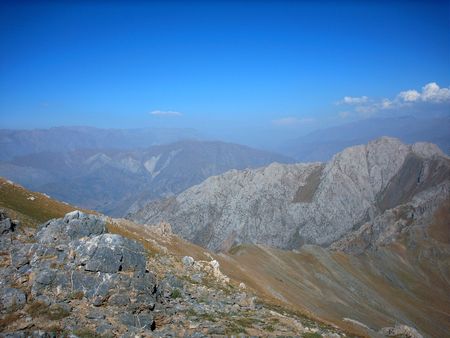 Mountains under blue sky. Chimgan region, Uzbekistan, fall 2004の写真素材