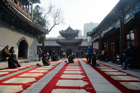Muslim people praying at Nuijie mosque, Beijing, Chinaのeditorial素材