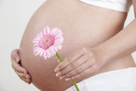 Close Up Of Pregnant Woman Holding Pink Flowerの写真素材