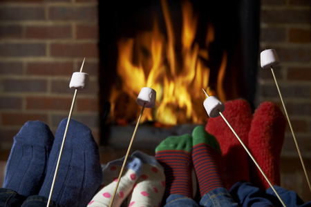 Family Toasting Marshmallows By Open Fire At Homeの写真素材