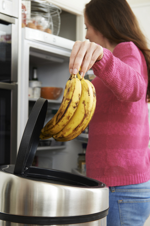 Woman Throwing Away Out Of Date Food In Refrigeratorの写真素材