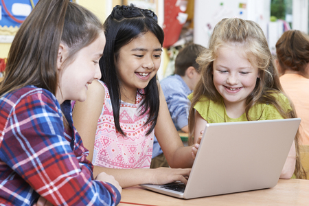 Group Of Elementary School Children Working Together In Computer Classの写真素材