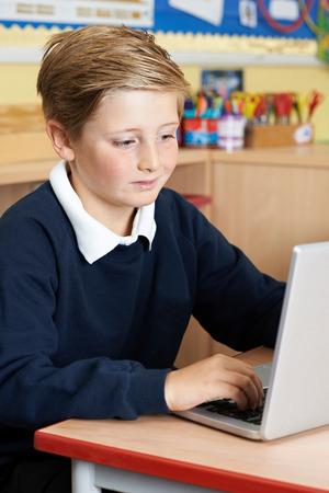 Male Elementary School Pupil Using Laptop In Computer Classの写真素材