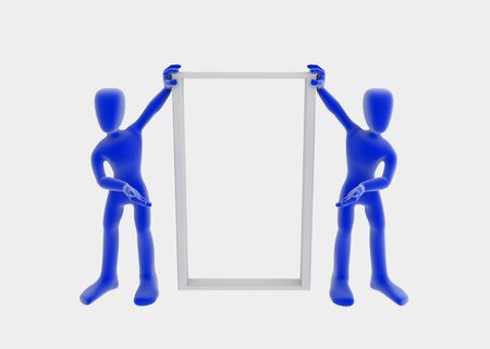 Two 3d figures holding up a frame, blue over white backgroundの写真素材
