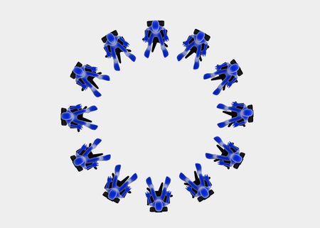 Twelve 3d figures sitting in a circle, blue over white backgroundの写真素材