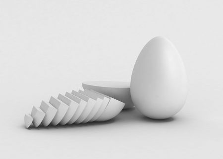 3d rendering of egg shapes cut in different ways, horizontal, white surface