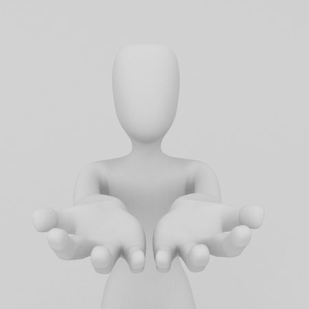 A White 3d figure holding out palms to the camera, close-up viewの写真素材