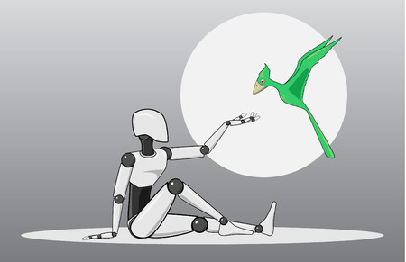 A robotic figure stretching out its hand towards a bird, vectorのイラスト素材