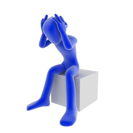 A blue 3d figure sitting on a cubeの写真素材