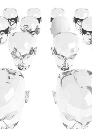 3d glass heads in rows, one whiteの写真素材
