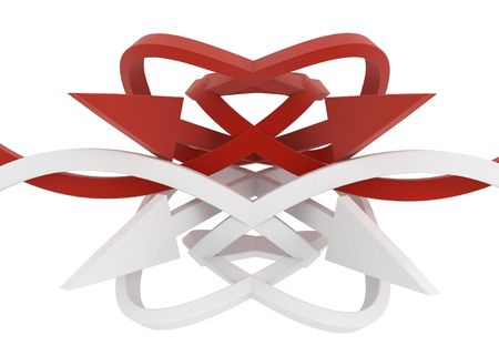 4 red and white 3d arrows tied in a knotの写真素材