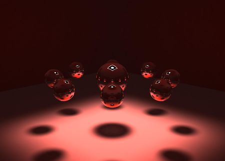9 reflective 3d orbs in the darkの写真素材