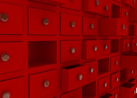 A wall of red 3d drawers, horizontalの写真素材