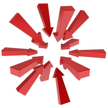 Long red 3d arrows gathering, over white, isolatedの写真素材