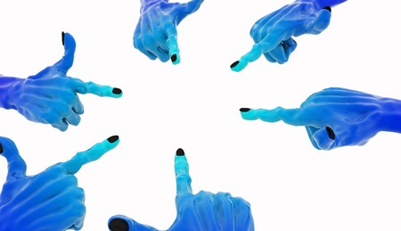 Several blue 3d hand models in a circle, isolatedの写真素材
