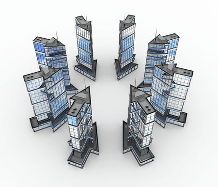 Arrow-shaped 3d modern buildings, isolatedの写真素材