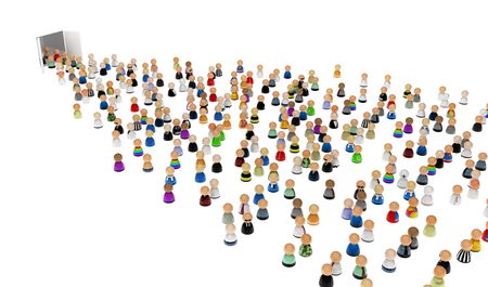 Crowd of small symbolic 3d figures moving through doors, isolatedの写真素材