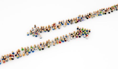 Crowd of small symbolic 3d figures forming long arrows, isolatedの写真素材