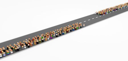 Crowd of small symbolic 3d figures on a road, isolated