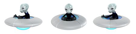 Small 3d grey alien driving UFO vehicle, isolated, front and side views