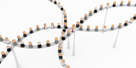 Crowd of small symbolic 3d figures on a high walkway, isolatedの写真素材