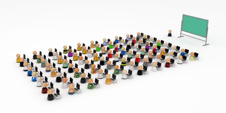 Crowd of small symbolic 3d computer user figures in front of a blackboard, isolatedの写真素材