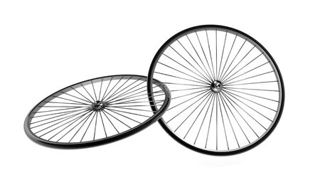 Pair of 3d bicycle wheels interlocked, isolatedの写真素材