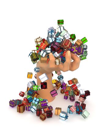 Numerous wrapped gift box 3d, isolated, over whiteの写真素材