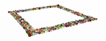 Gift 3d, many small wrapped  boxes, isolated, over whiteの写真素材