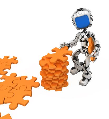 Small 3d robotic figure gathering jigsaw pieces, over white, isolatedの写真素材