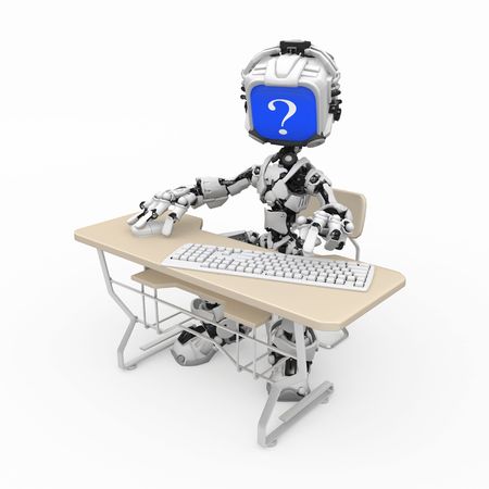 Small 3d robotic figure, over white, isolatedの写真素材