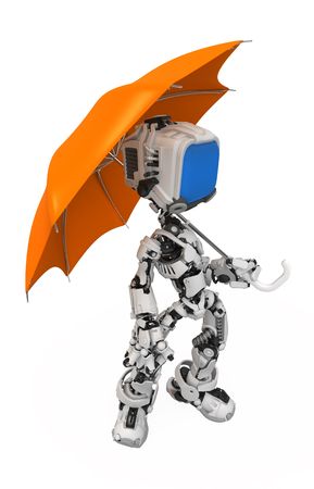 Small 3d robotic figure, over white, isolatedの写真素材