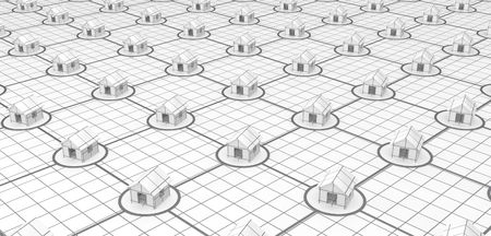 Network of small symbolic 3d houses linked by lines, isolatedの写真素材