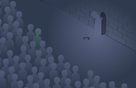 Moving crowd and a beggar silhouette by the wall,  illustrationのイラスト素材