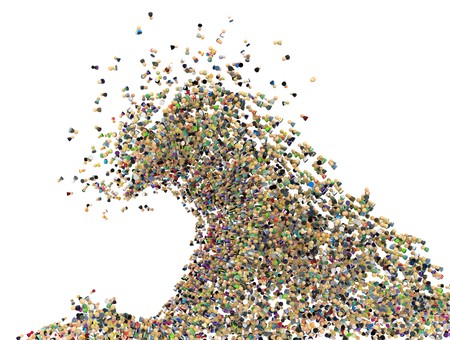 Big crowd of small symbolic 3d figures, over white, isolated