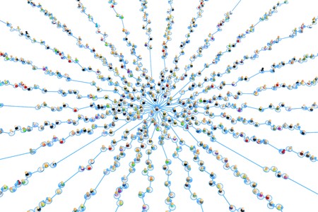 Crowd of small symbolic 3d figures linked by linesの写真素材