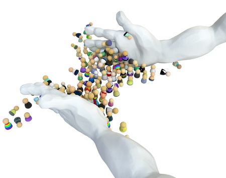Crowd of small symbolic 3d figures, over white, isolated