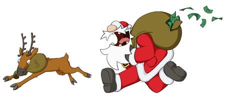 Christmas celebration humorous cartoon, Santa Claus running with money sackのイラスト素材