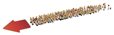 Large crowd of small symbolic 3d figures, with arrow, over white