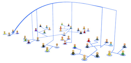 Crowd of small symbolic 3d figures linked by lines, isolated