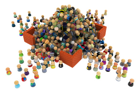 Crowd of small symbolic figures, with walls, over white, 3d illustrationの写真素材
