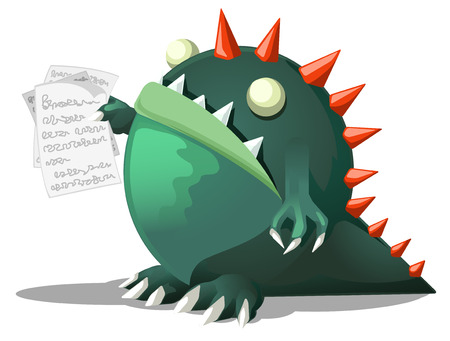 Cartoon character monster holding papers, vector illustration, horizontal, isolated, over whiteのイラスト素材