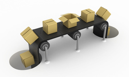 Cartoon symbolic shipping conveyor and holes, 3d illustration, over white, horizontalの写真素材
